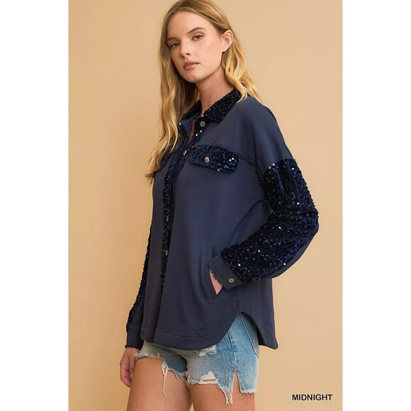 Umgee Sequined French Terry Jacket Shacket - Picture 2 of 6